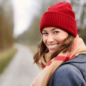 Beautiful woman in winter fashion smiling laughing