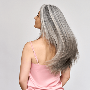 Women with long gray natural coloring silky hair